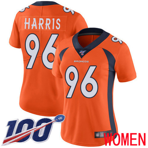 Women Denver Broncos #96 Shelby Harris Orange Team Color Vapor Untouchable Limited Player 100th Season Football NFL Jersey